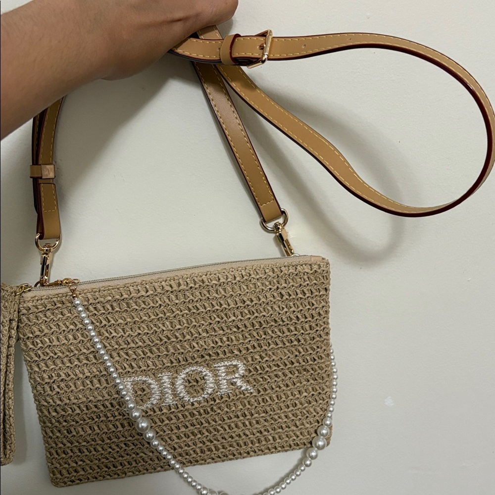 Dior Straw Clutch with Pearl Chain and Brown Trim - Picture 5 of 6